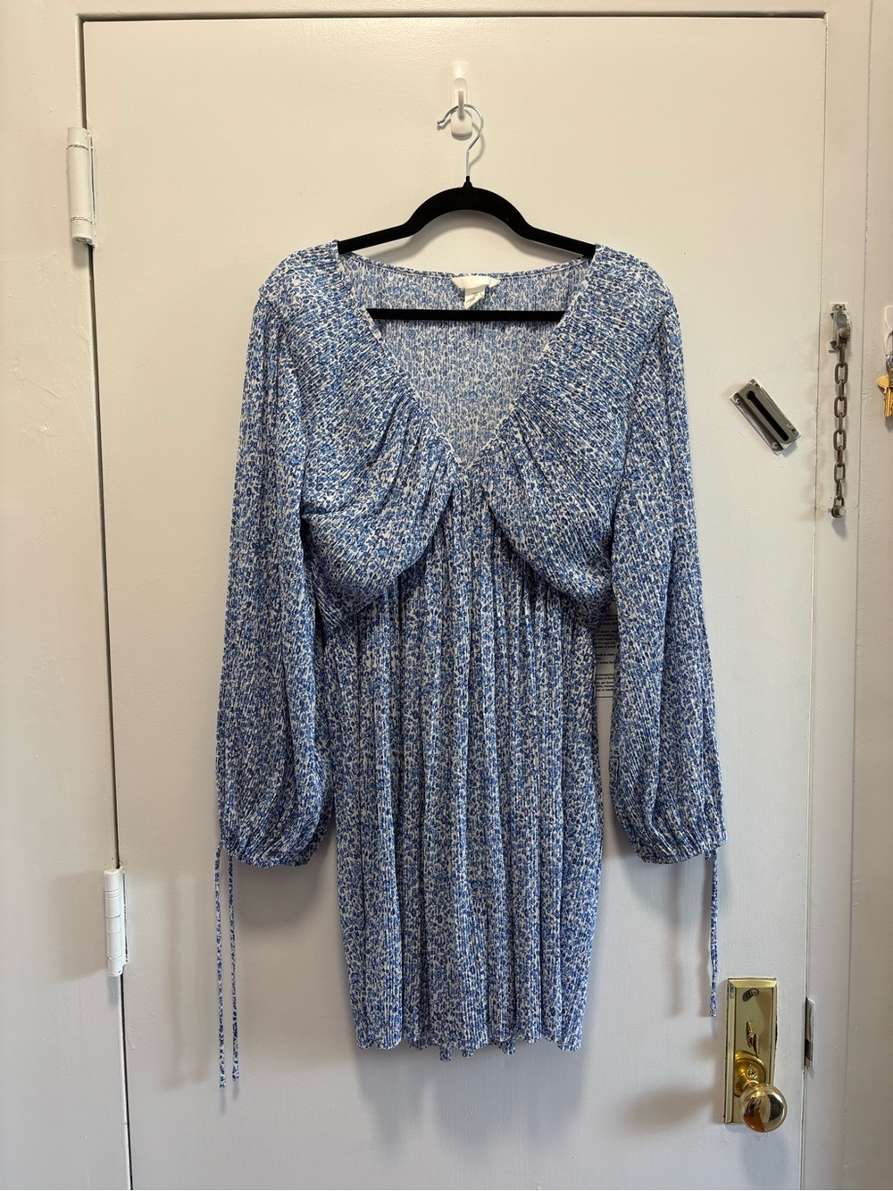 H&M Blue Floral Smocked Mini Dress with Long Puff Sleeves